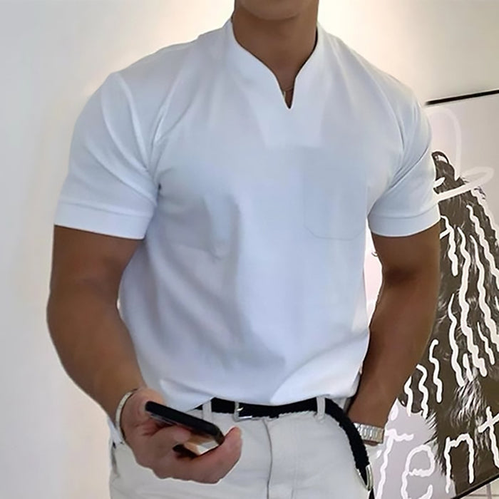 Summer Short Sleeve Shirt Men Fitness Plus Size Sports T-Shirt Elastic Cotton Pocket