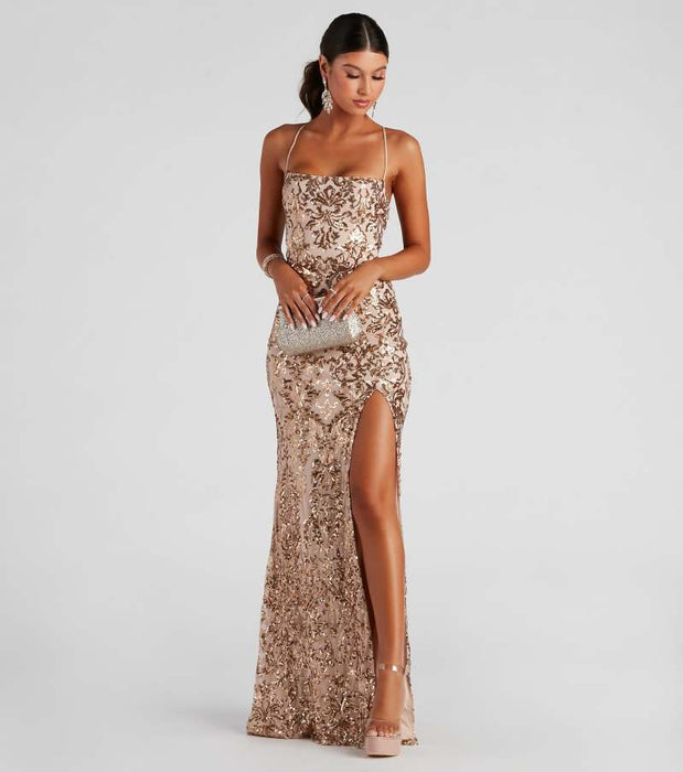 Off-neck Sequined Floor-length Evening Elegant Slit Banquet Party Dress