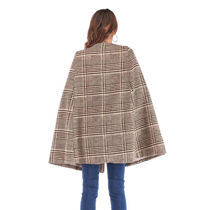 Women's leather button Cape Plaid cape coat