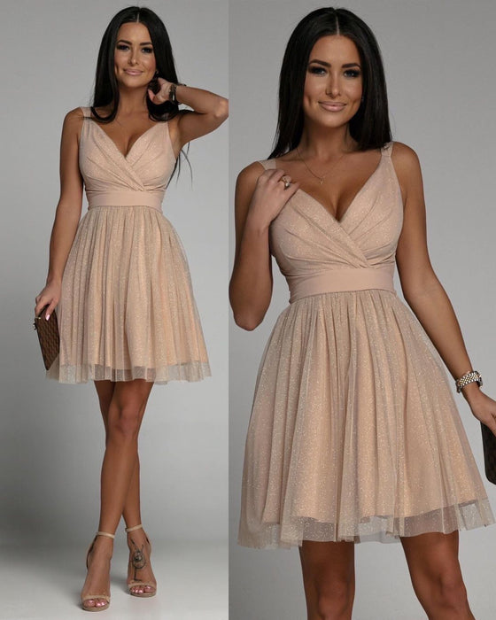 Women Elegant Glitter Sleeveless Deep V Neck Mesh Party Dress