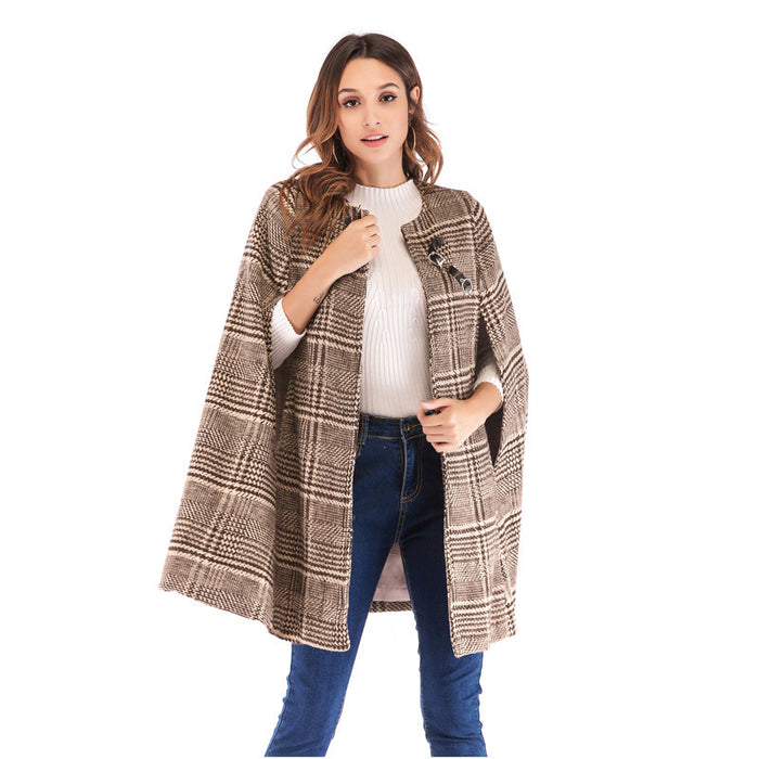 Women's leather button Cape Plaid cape coat