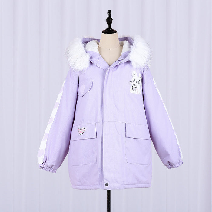 Kawaii Rabbit Bunny Sweet Pink& Lavendar Cute Women's Parka Coat Winter Warm Lolita Hooded Outwear Jacket Fur Trim