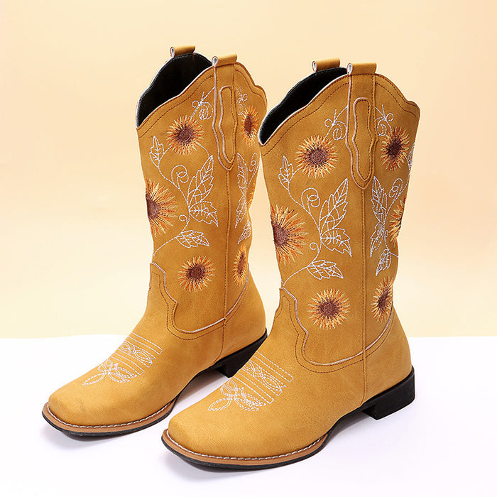 Cowboy Boots Women Sunflower Embroidery Shoes Low Heel Western Boot