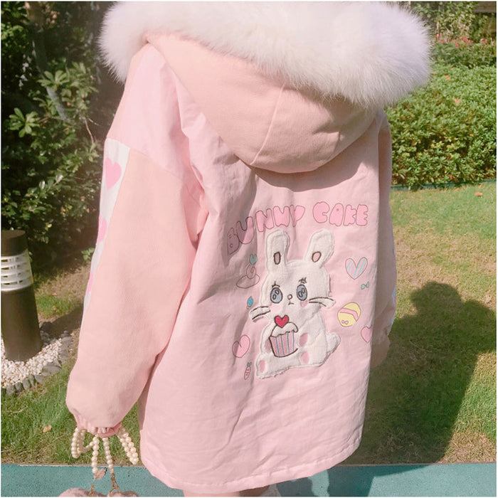 Kawaii Rabbit Bunny Sweet Pink& Lavendar Cute Women's Parka Coat Winter Warm Lolita Hooded Outwear Jacket Fur Trim