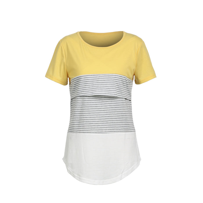 Europe and America Striped Stitching Short Sleeve Breastfeeding T-shirt for Pregnant Women