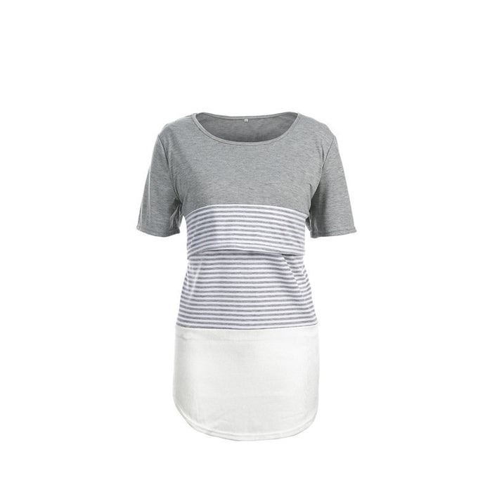 Europe and America Striped Stitching Short Sleeve Breastfeeding T-shirt for Pregnant Women