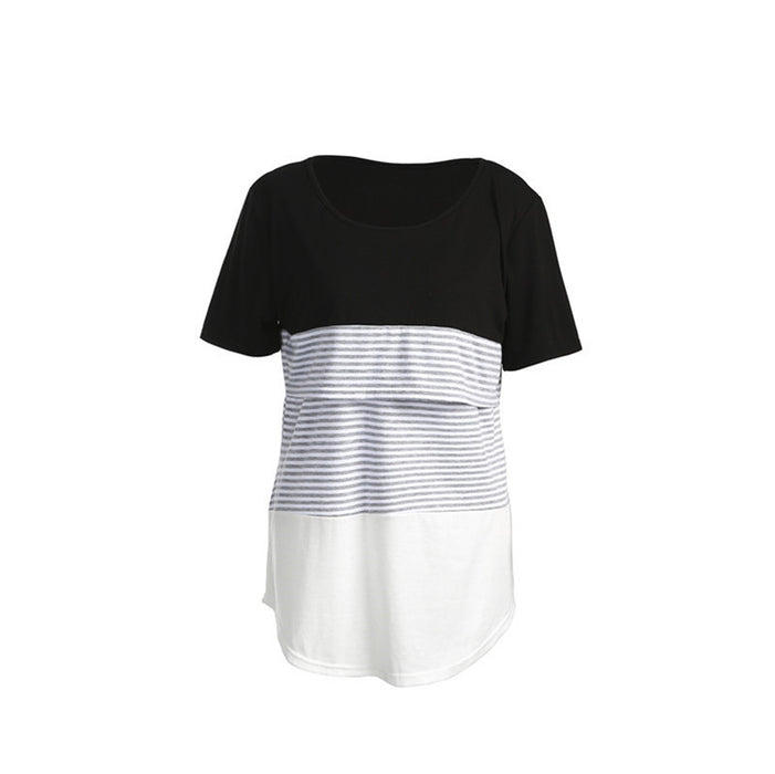 Europe and America Striped Stitching Short Sleeve Breastfeeding T-shirt for Pregnant Women