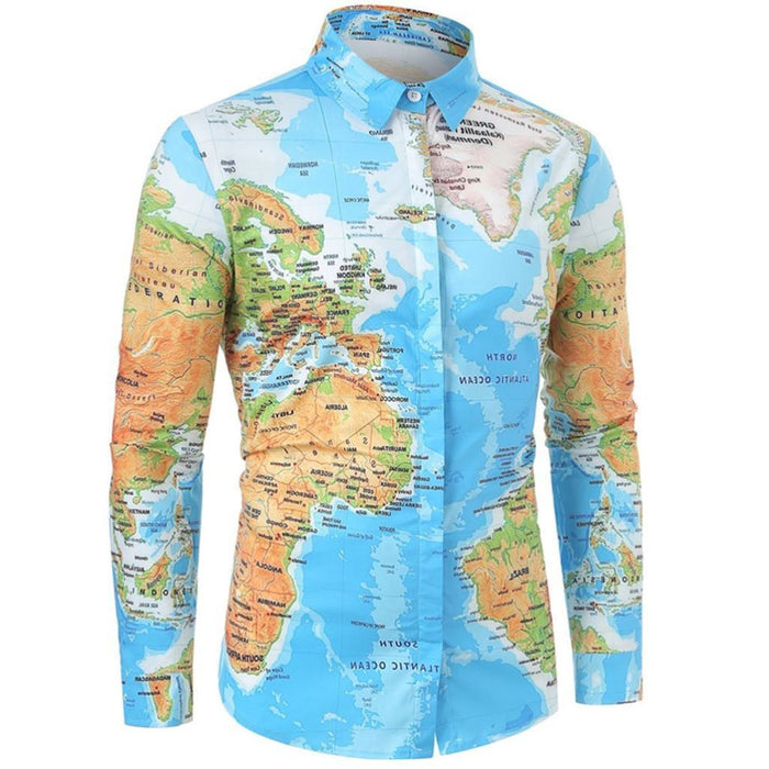 Men Shirt World Map Print HiddenG Button Slim Fit Shirts