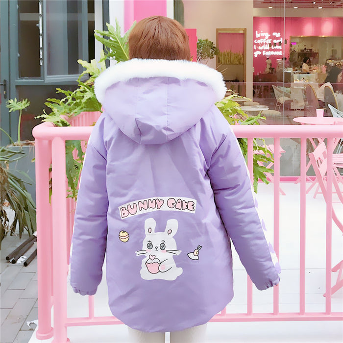 Kawaii Rabbit Bunny Sweet Pink& Lavendar Cute Women's Parka Coat Winter Warm Lolita Hooded Outwear Jacket Fur Trim