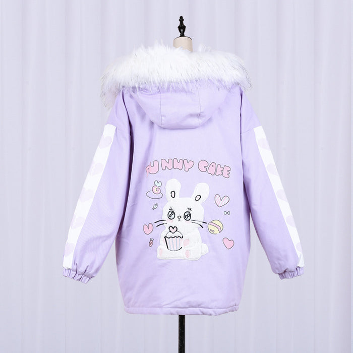 Kawaii Rabbit Bunny Sweet Pink& Lavendar Cute Women's Parka Coat Winter Warm Lolita Hooded Outwear Jacket Fur Trim