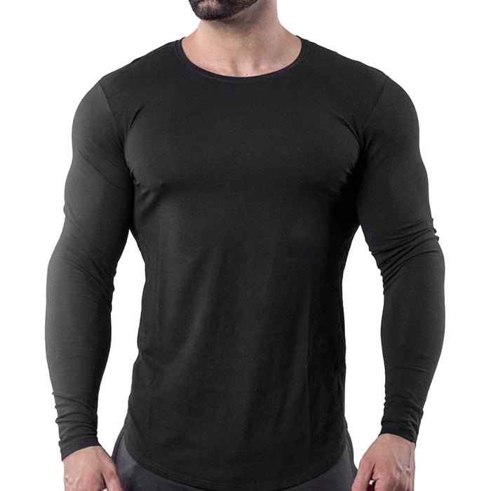 Men Tight Top Elastic Quick Drying Cotton Blend Long Sleeve T Shirt for Fitness Running Black XXL