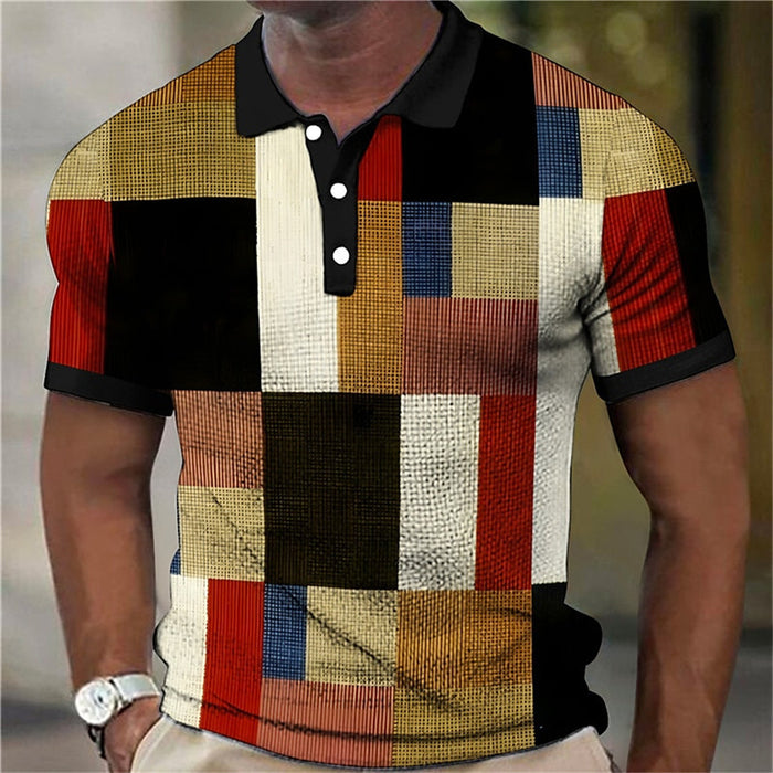 Fashion Men'S Polo Shirts 3d Splicing Plaid Printing Art Men