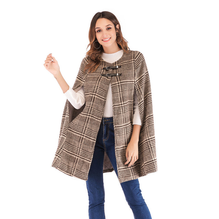 Women's leather button Cape Plaid cape coat