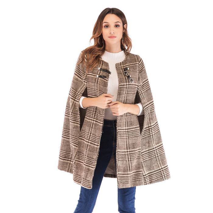 Women's leather button Cape Plaid cape coat