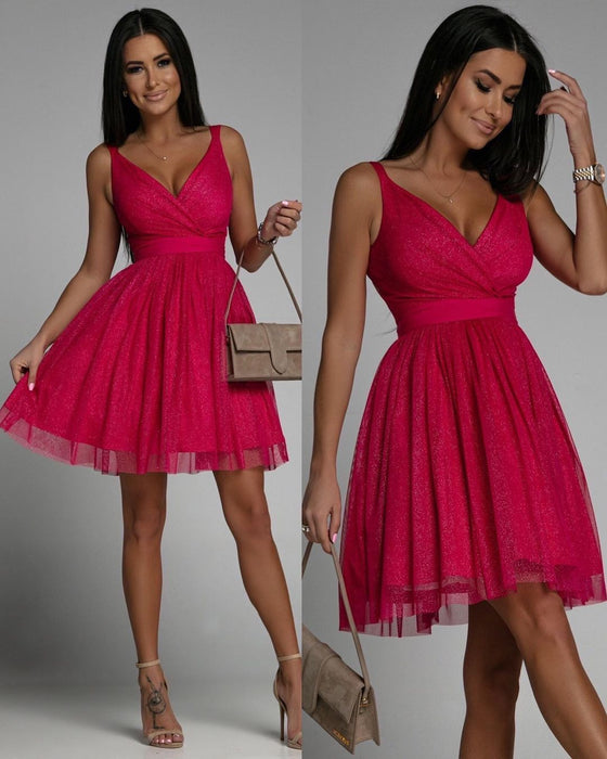 Women Elegant Glitter Sleeveless Deep V Neck Mesh Party Dress