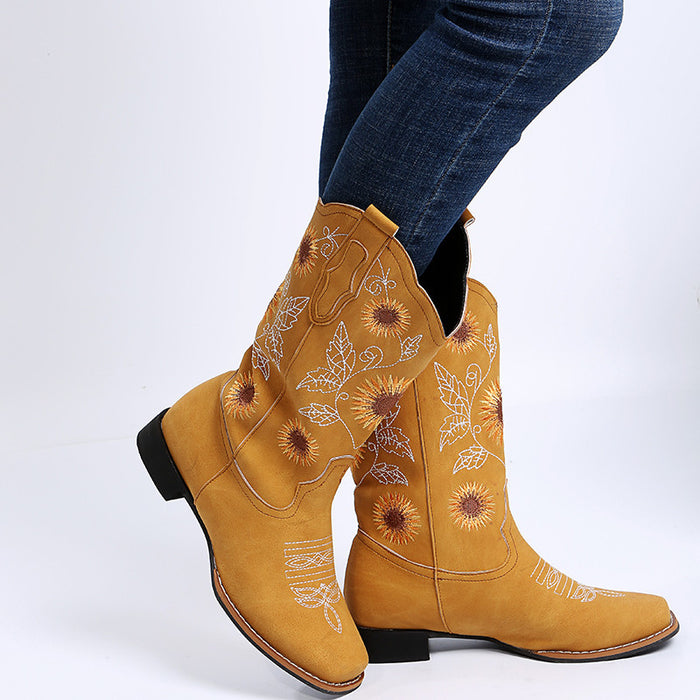 Cowboy Boots Women Sunflower Embroidery Shoes Low Heel Western Boot