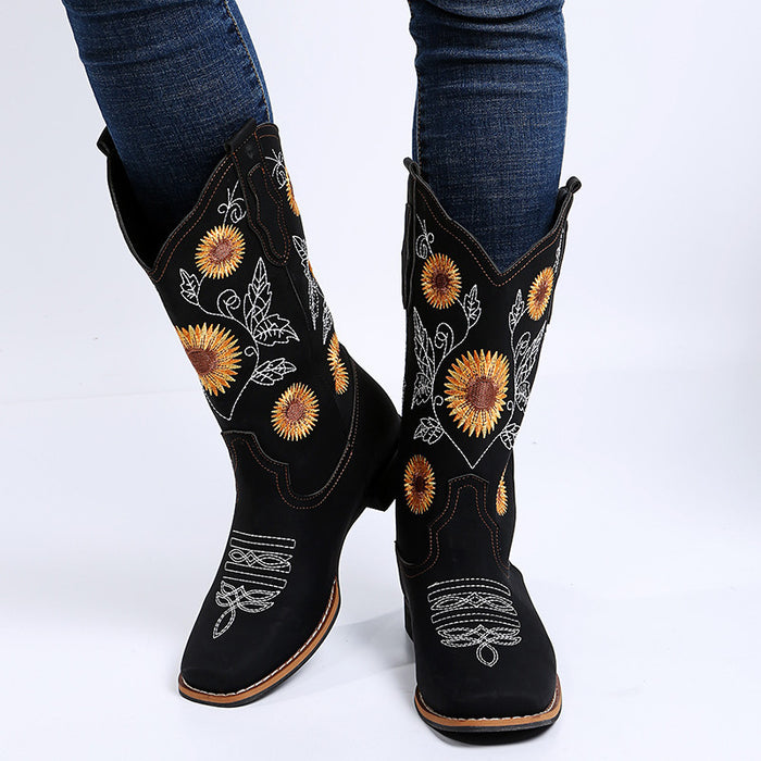 Cowboy Boots Women Sunflower Embroidery Shoes Low Heel Western Boot