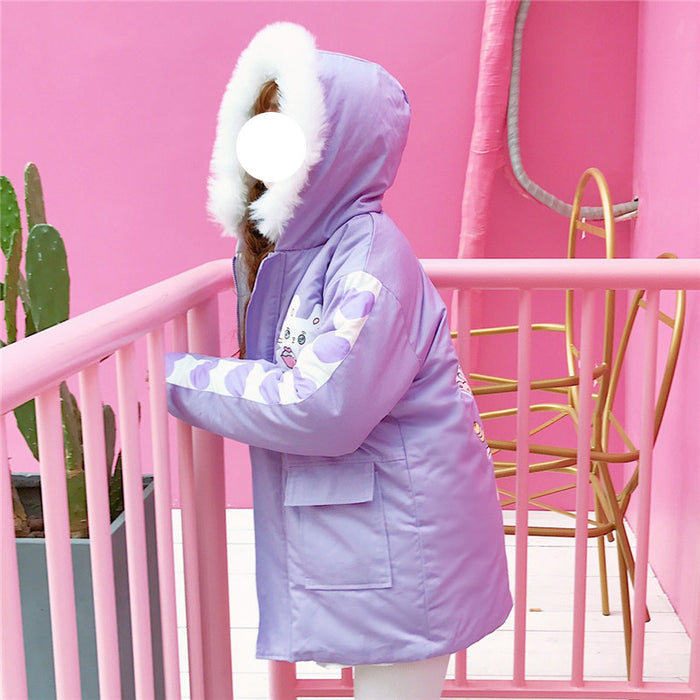 Kawaii Rabbit Bunny Sweet Pink& Lavendar Cute Women's Parka Coat Winter Warm Lolita Hooded Outwear Jacket Fur Trim