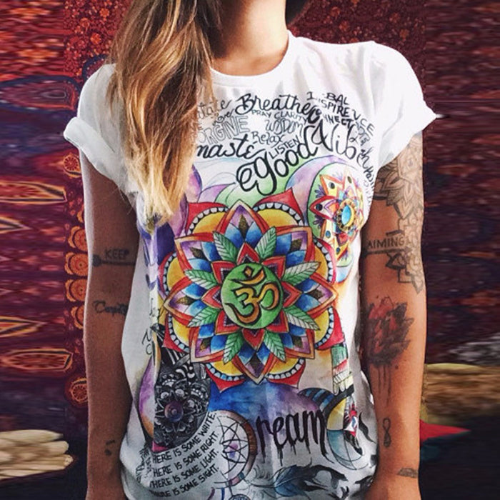 Punk Rock Sunflower Eyes Fashion Vintage Letter Print T-shirt