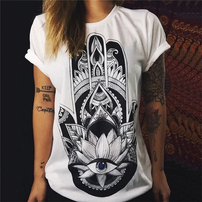 Punk Rock Sunflower Eyes Fashion Vintage Letter Print T-shirt