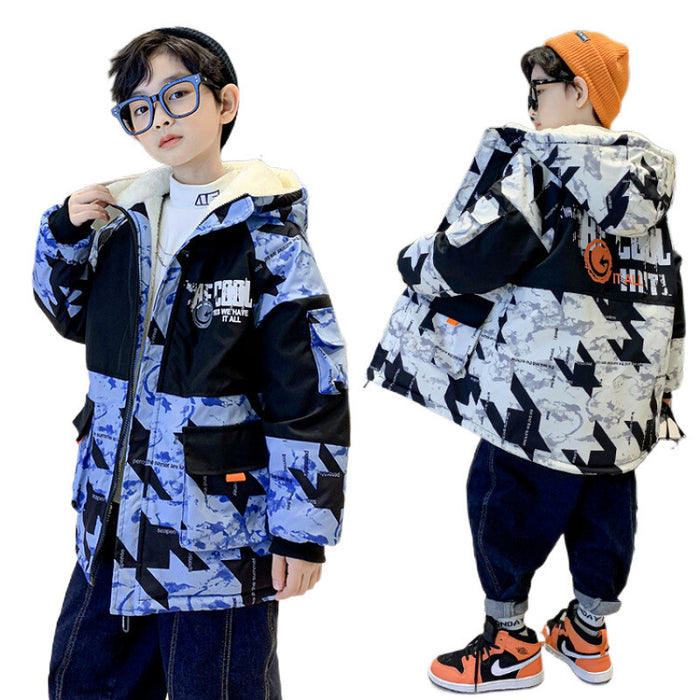 Boys' Thickened Velvet Cotton Clothes Medium And Large Children Camouflage Parka