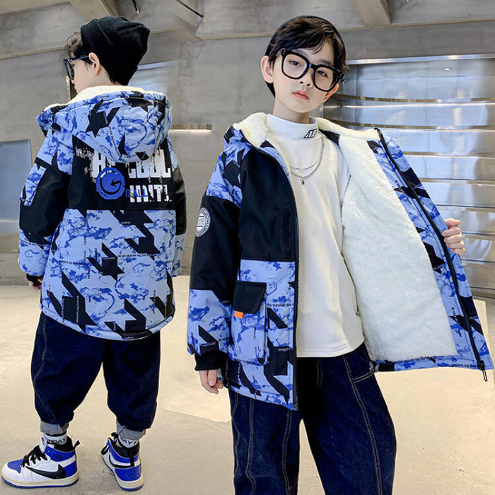 Boys' Thickened Velvet Cotton Clothes Medium And Large Children Camouflage Parka