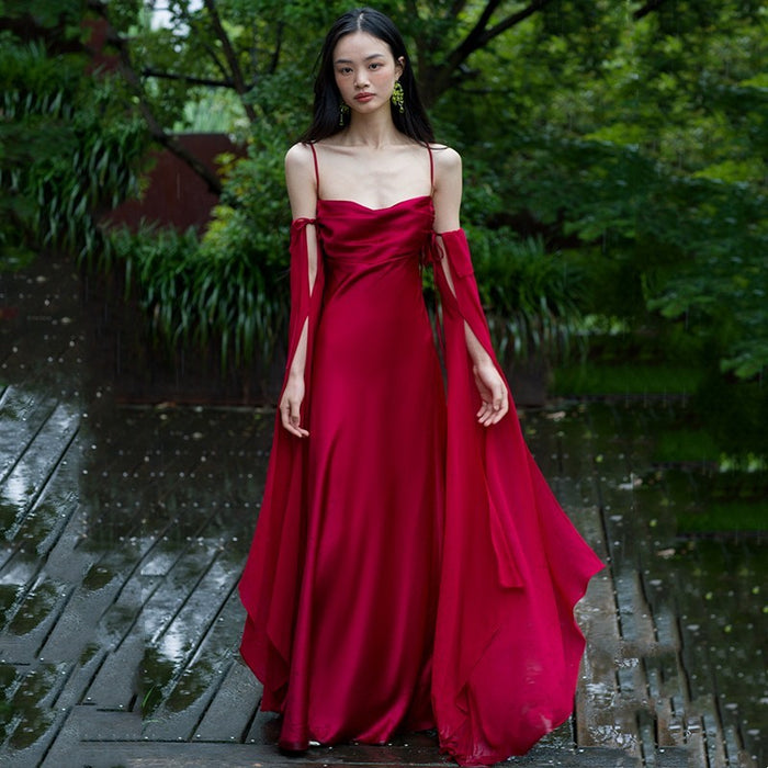 Luxury Senior Sense Acetate Satin Wine Red Bride Wedding Photo Gown Woman